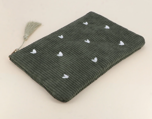 💕 Trousse cœur en velours côtelé kaki