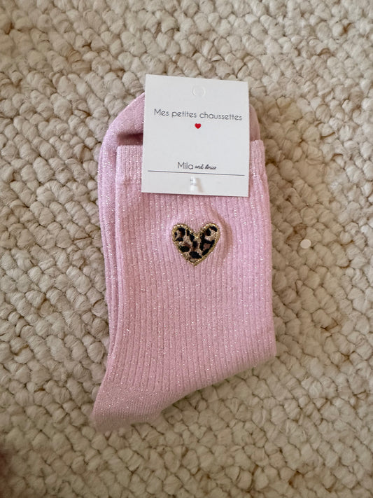 🧦 Chaussettes Cœur Léopard Rose