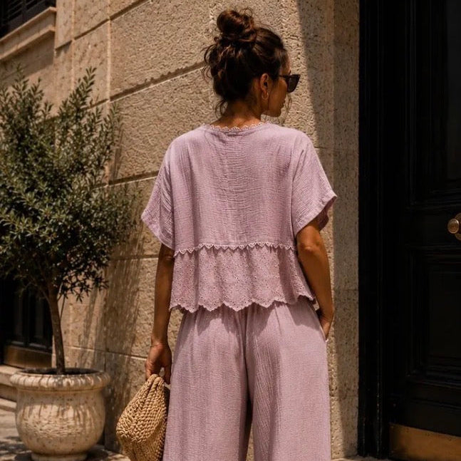 ENSEMBLE GAZE DE COTON BRODERIE AJOURÉE