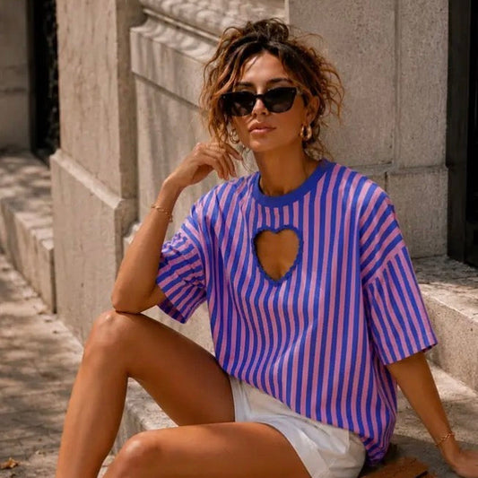 T-shirt Rayé Cœur Bleu