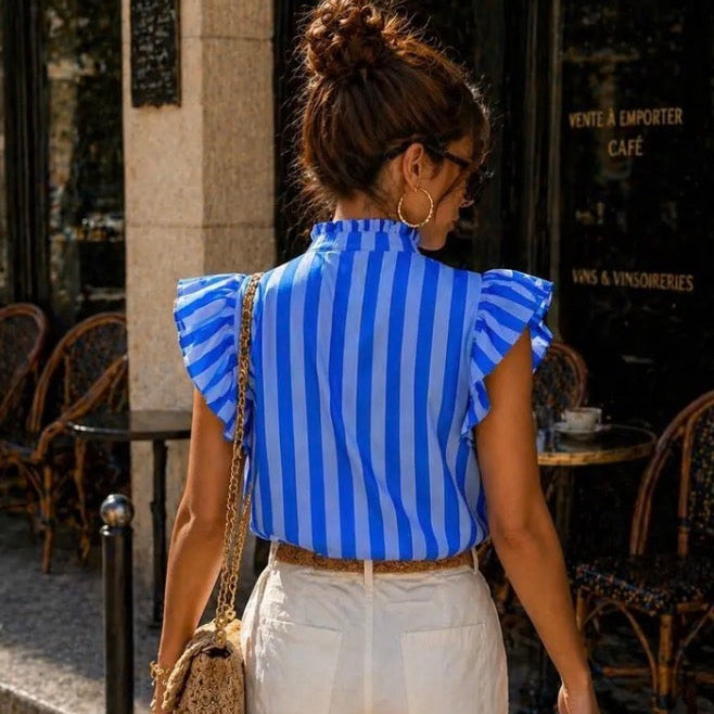 Chemise Rayée à Volants – Bleu