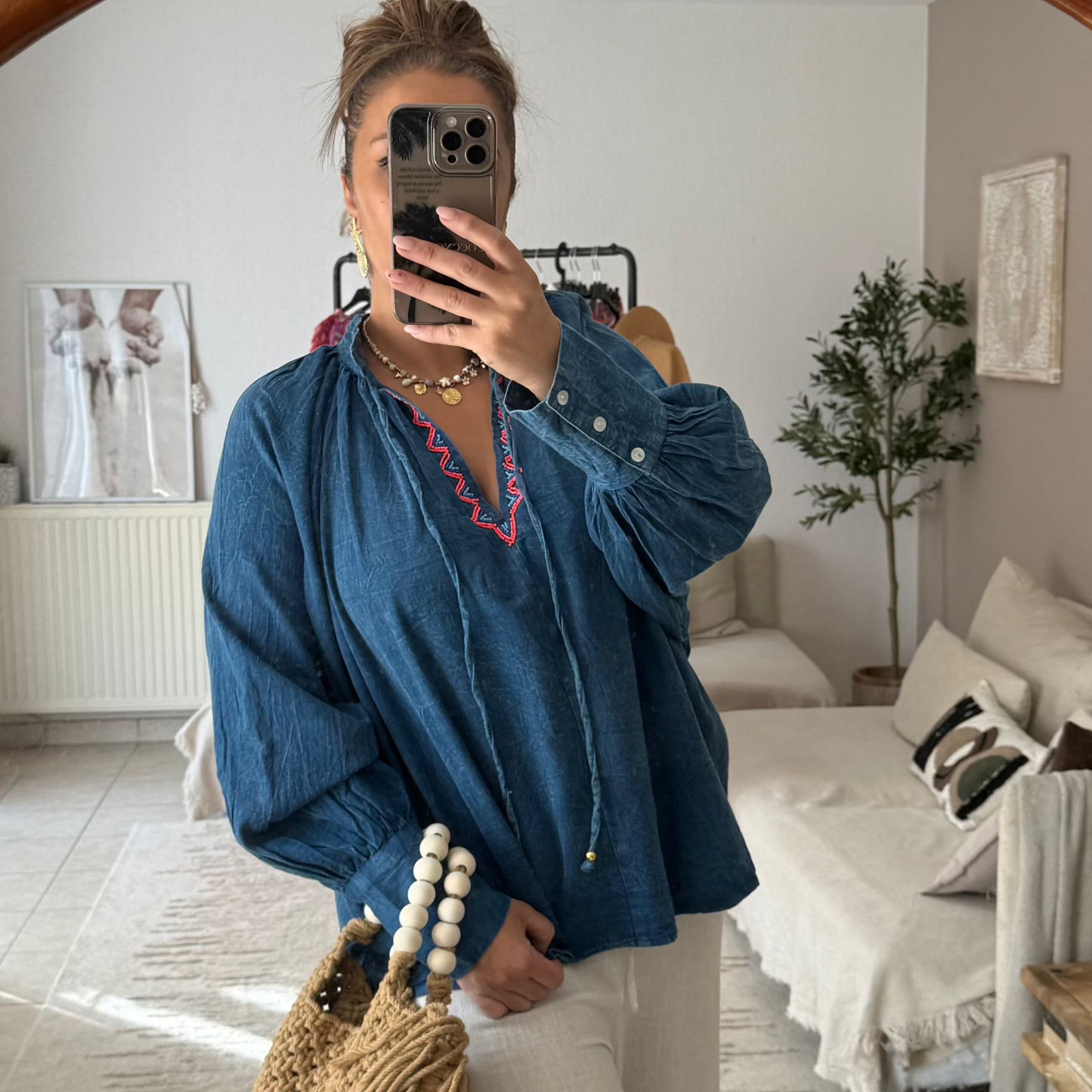 BLOUSE JEAN AVEC PERLES
