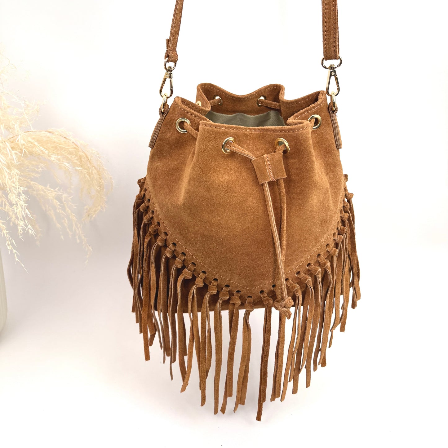 Sac seau en daim à franges Camel – Fabrication italienne