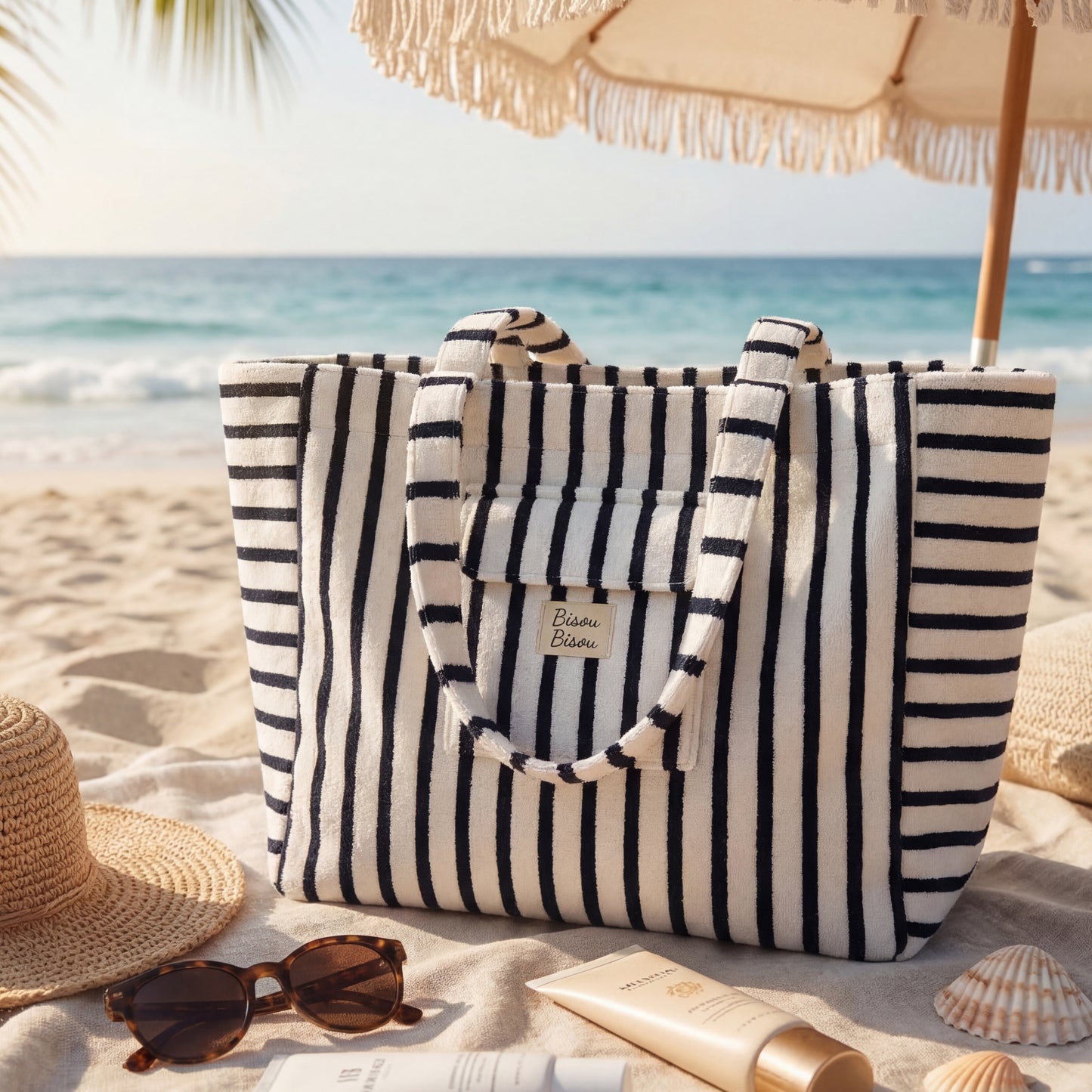 👜 Sac de plage 100% coton rayé Bleu