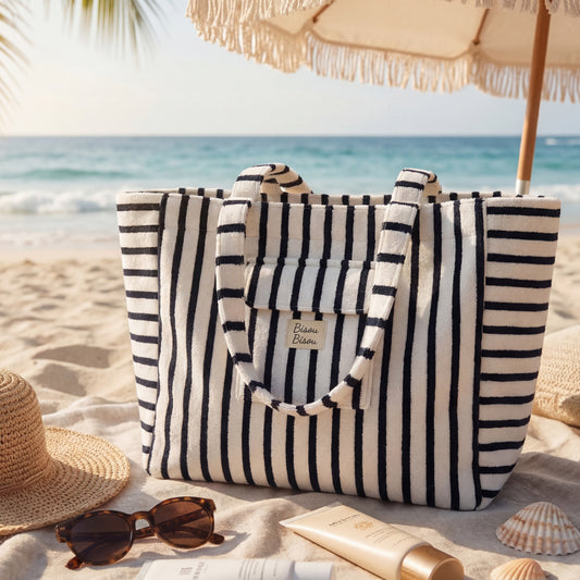 👜 Sac de plage 100% coton rayé Bleu