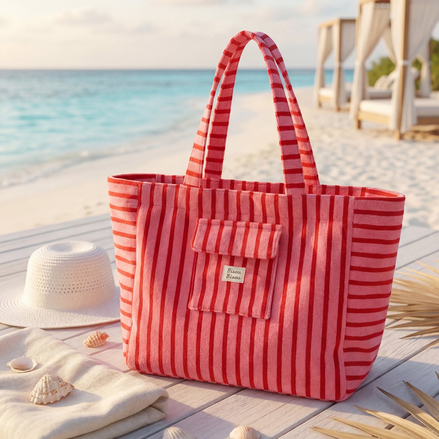 👜 Sac de plage 100% coton rayé Rouge
