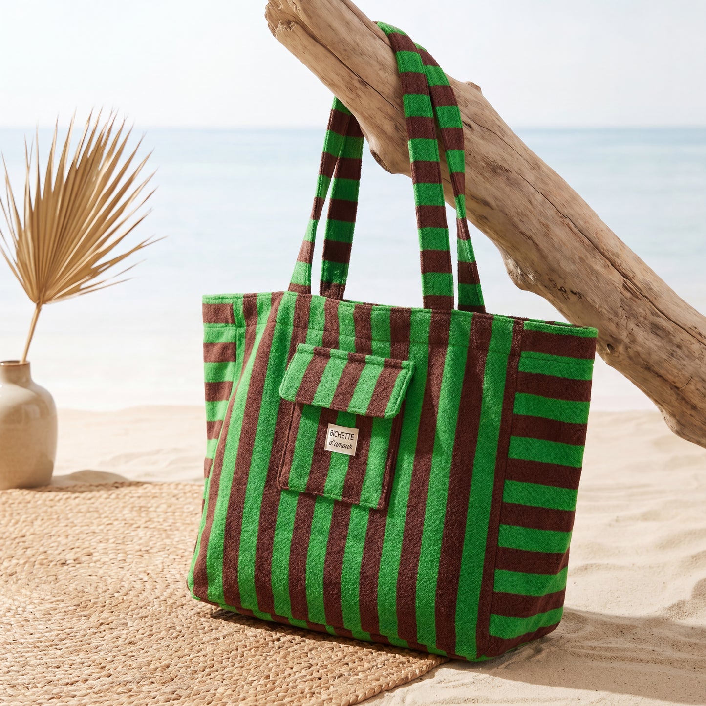 👜 Sac de plage 100% coton rayé Vert