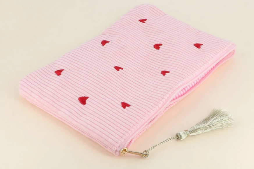 💕 Trousse cœur en velours côtelé Rose