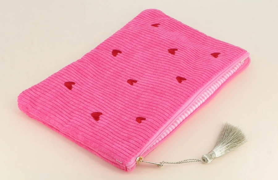 💕 Trousse cœur en velours côtelé Fuchsia
