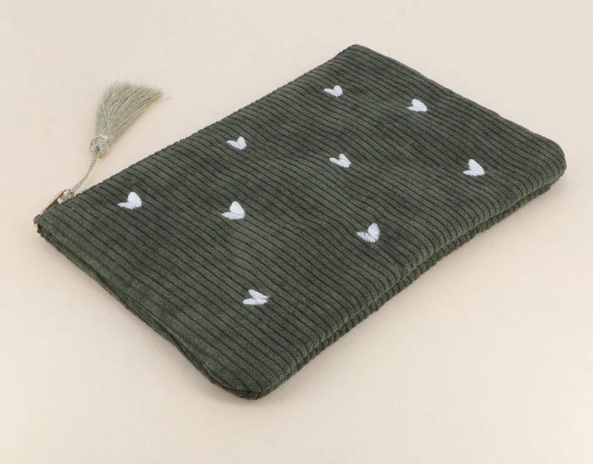 💕 Trousse cœur en velours côtelé kaki