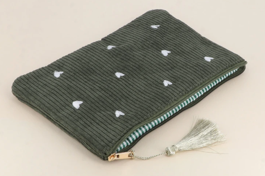 💕 Trousse cœur en velours côtelé kaki