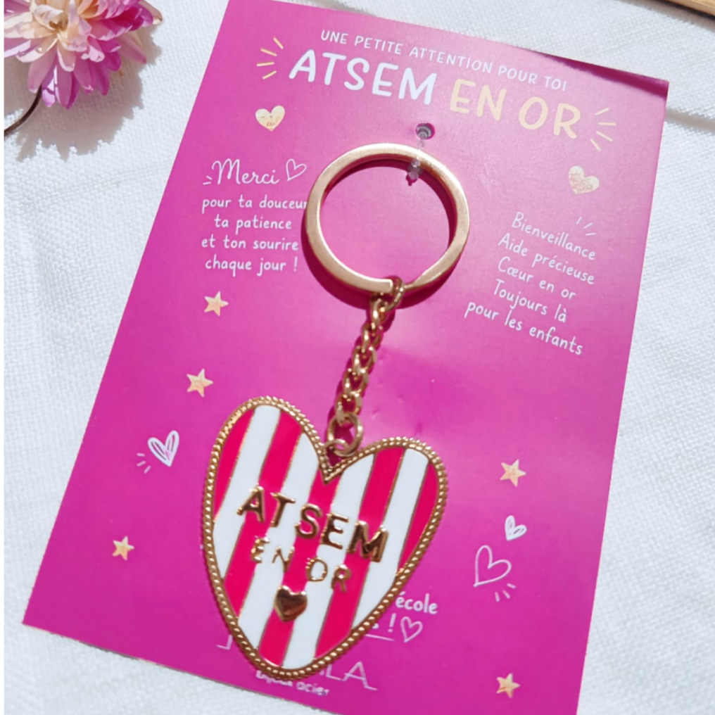 Porte-clés "ATSEM en Or" – Émaillé Blanc & Rose