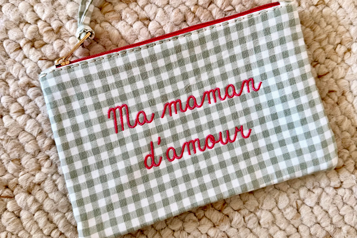 💚Pochette  Vichy "ma maman d'amour "verte