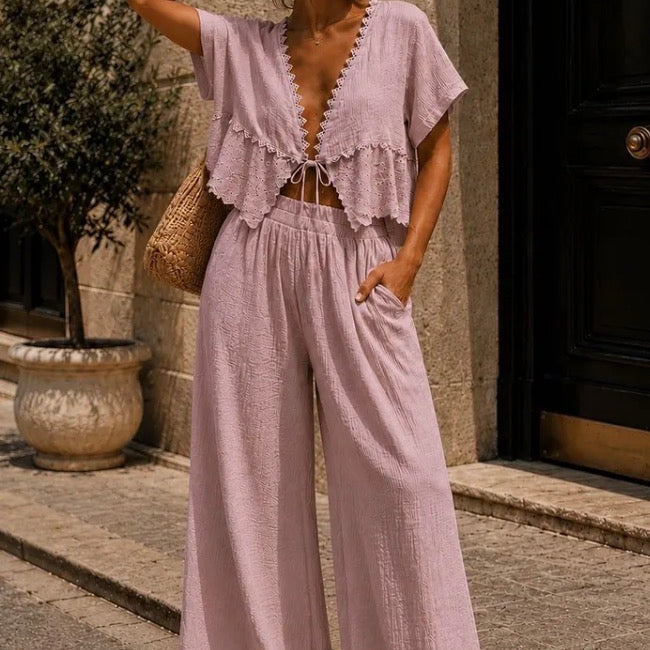 ENSEMBLE GAZE DE COTON BRODERIE AJOURÉE