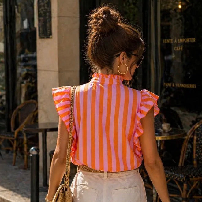 Chemise Rayée à Volants – Rose
