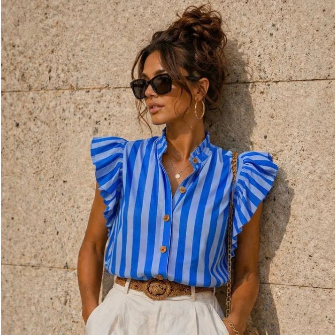 Chemise Rayée à Volants – Bleu