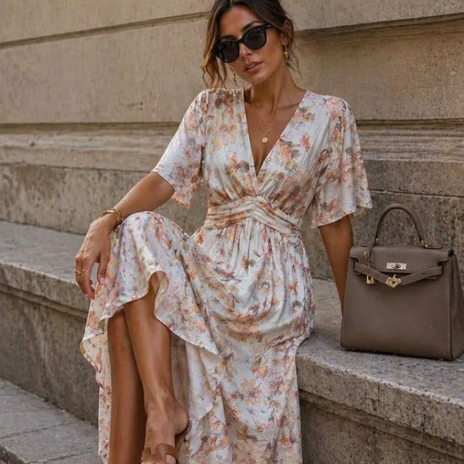 Robe longue fluide imprimée avec taille froncée