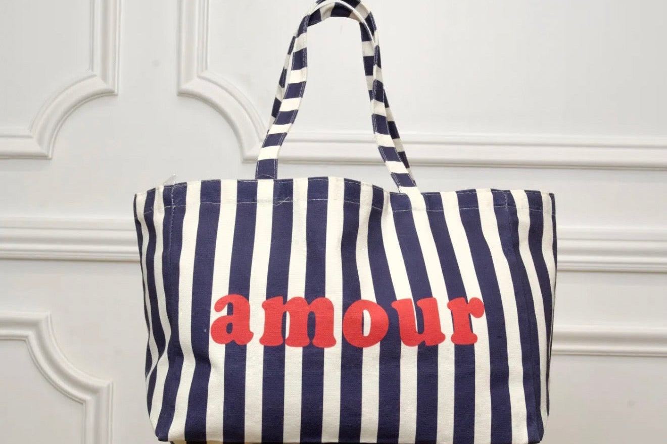 👜 Tote bag rayé « Amour » Bleu