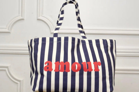 👜 Tote bag rayé « Amour » Bleu