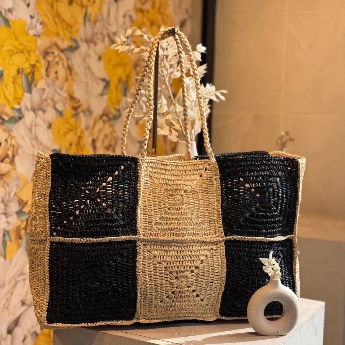 👜 Sac cabas raphia Naturel et noir