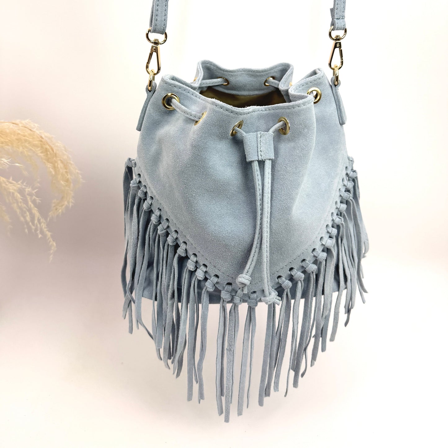 Sac seau en daim à franges Bleu– Fabrication italienne