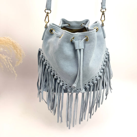 Sac seau en daim à franges Bleu– Fabrication italienne