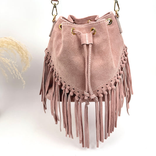 Sac seau en daim à franges Rose– Fabrication italienne
