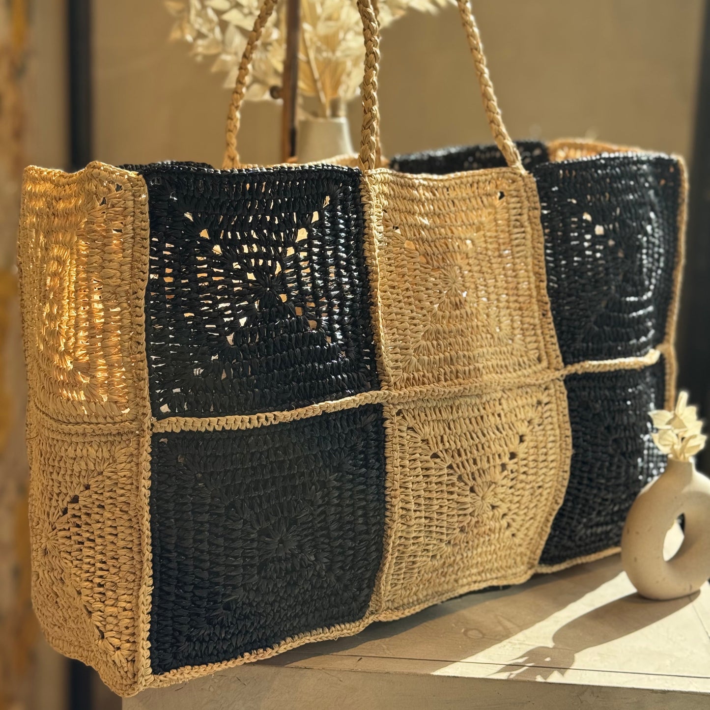 👜 Sac cabas raphia Naturel et noir