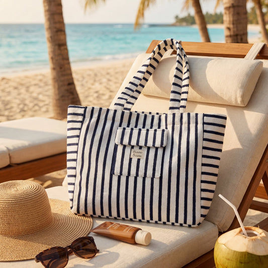 👜 Sac de plage 100% coton rayé Bleu