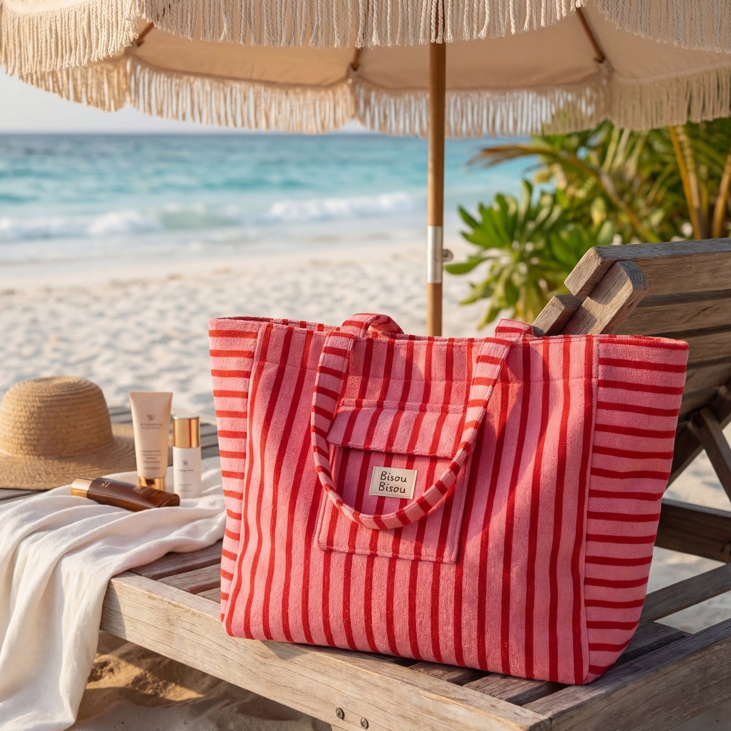 👜 Sac de plage 100% coton rayé Rouge