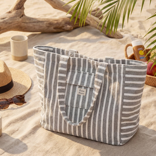 👜 Sac de plage 100% coton rayé Gris