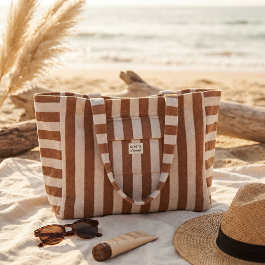 👜 Sac de plage 100% coton rayé Marron
