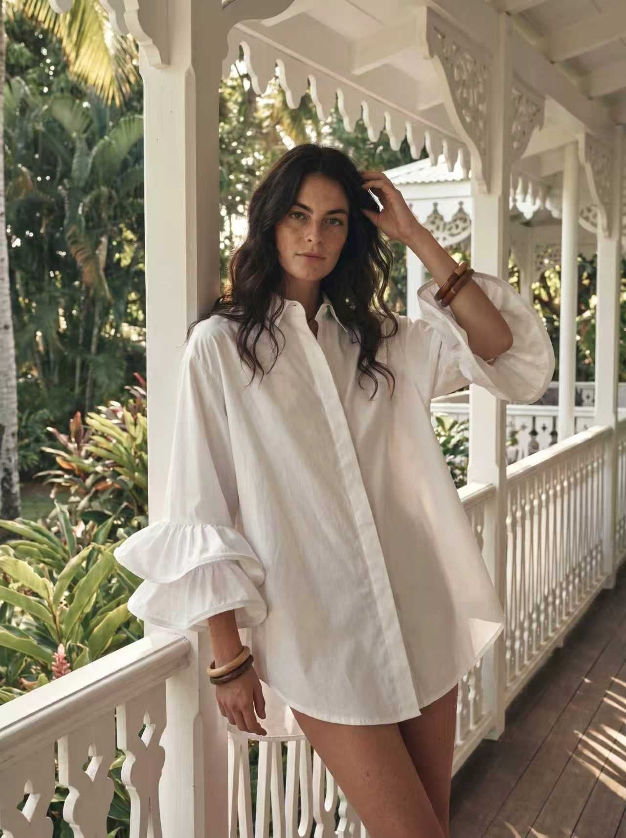 Chemise Rayée Bleu Ciel à Manches Volants – Taille Unique