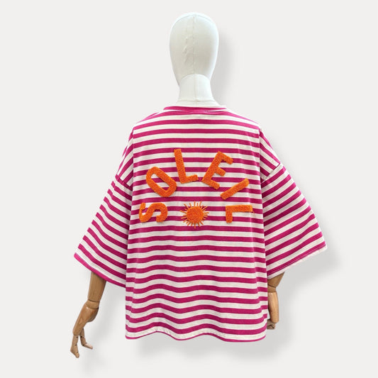 T-shirt Marinière "Soleil" – Coupe Oversize Fuchsia