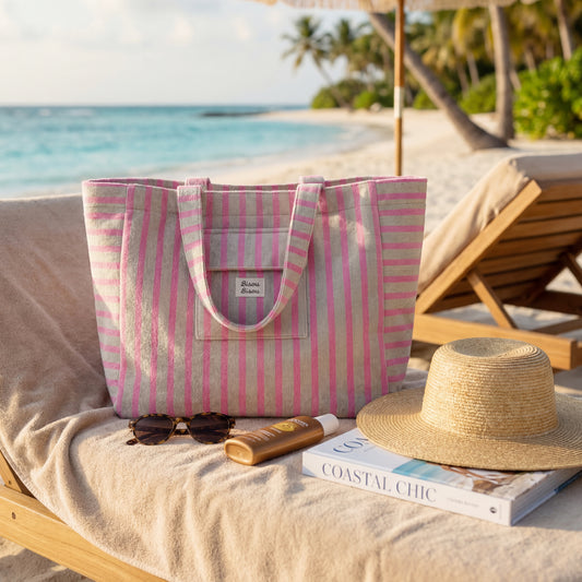 👜 Sac de plage 100% coton rayé Rose