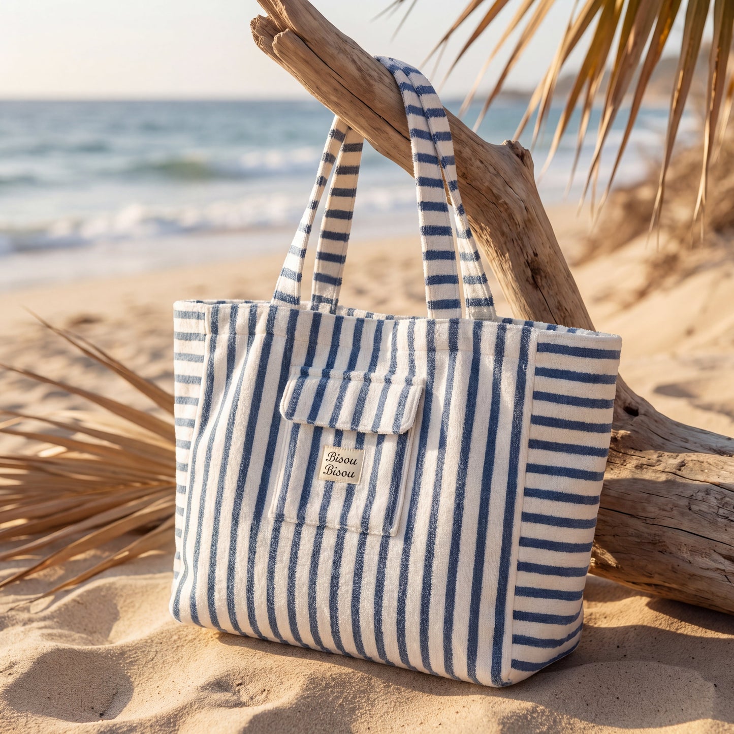👜 Sac de plage 100% coton rayé Bleu