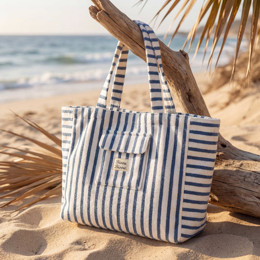 👜 Sac de plage 100% coton rayé Bleu