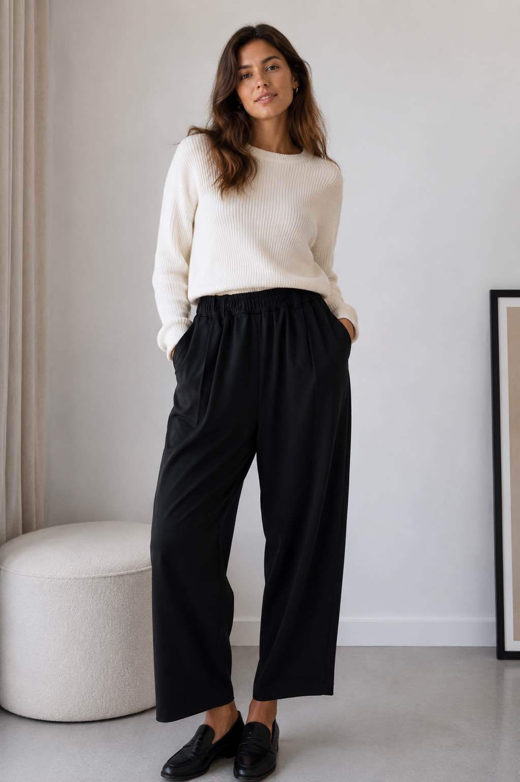 Pantalon large noir taille élastique