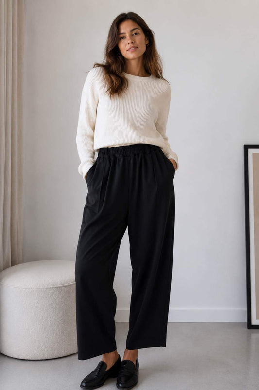Pantalon large noir taille élastique