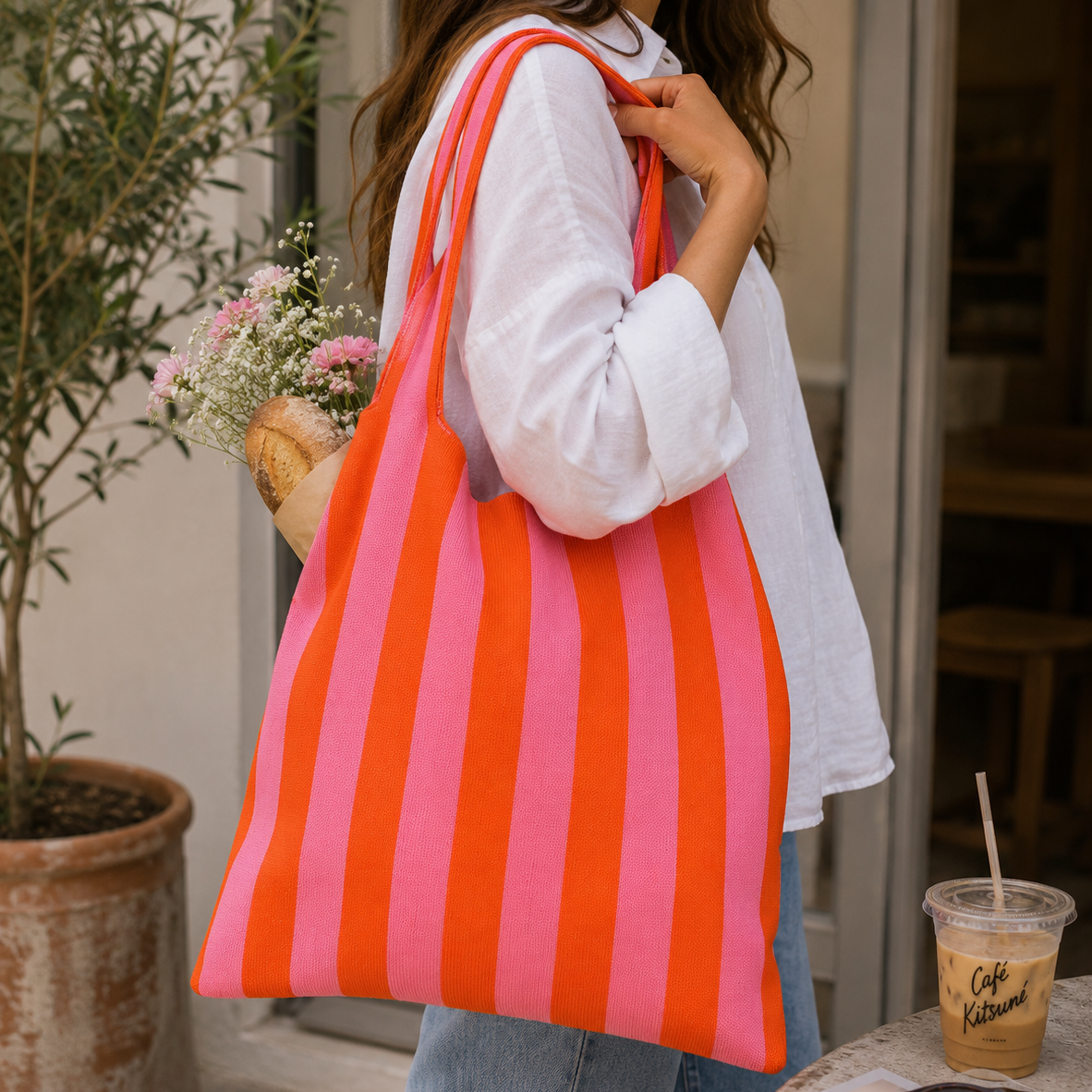 Tote bag rayé rose & orange
