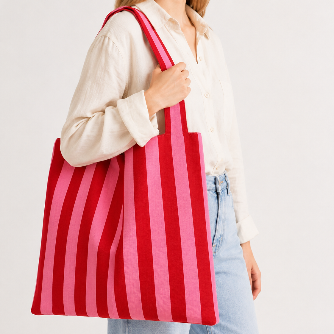 Tote bag rayé rose & rouge